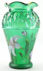 fenton vase green with flowers on it