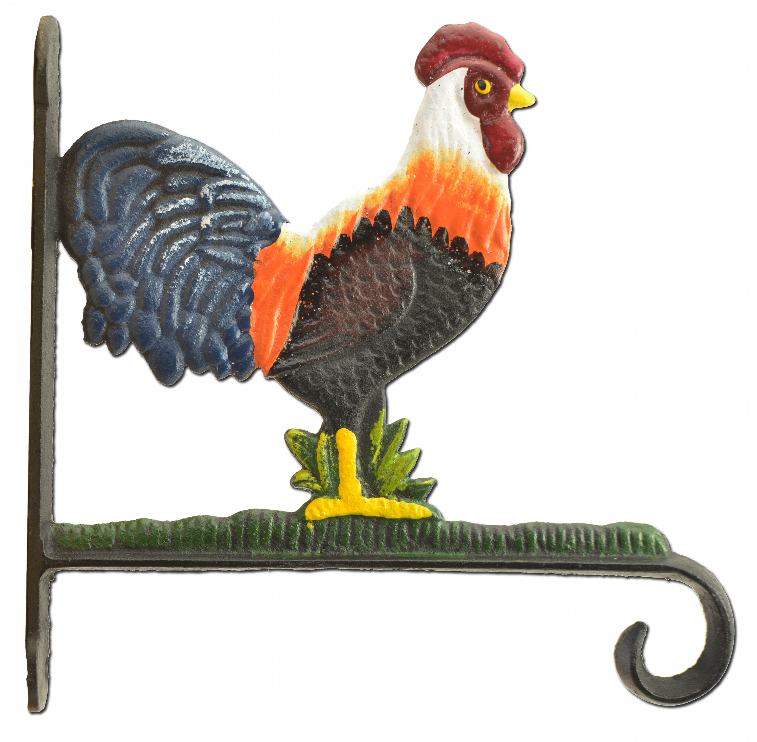 Decorative Rooster Plant Hanger Hook - Colorful Cast Iron - Large 10.125" Deep