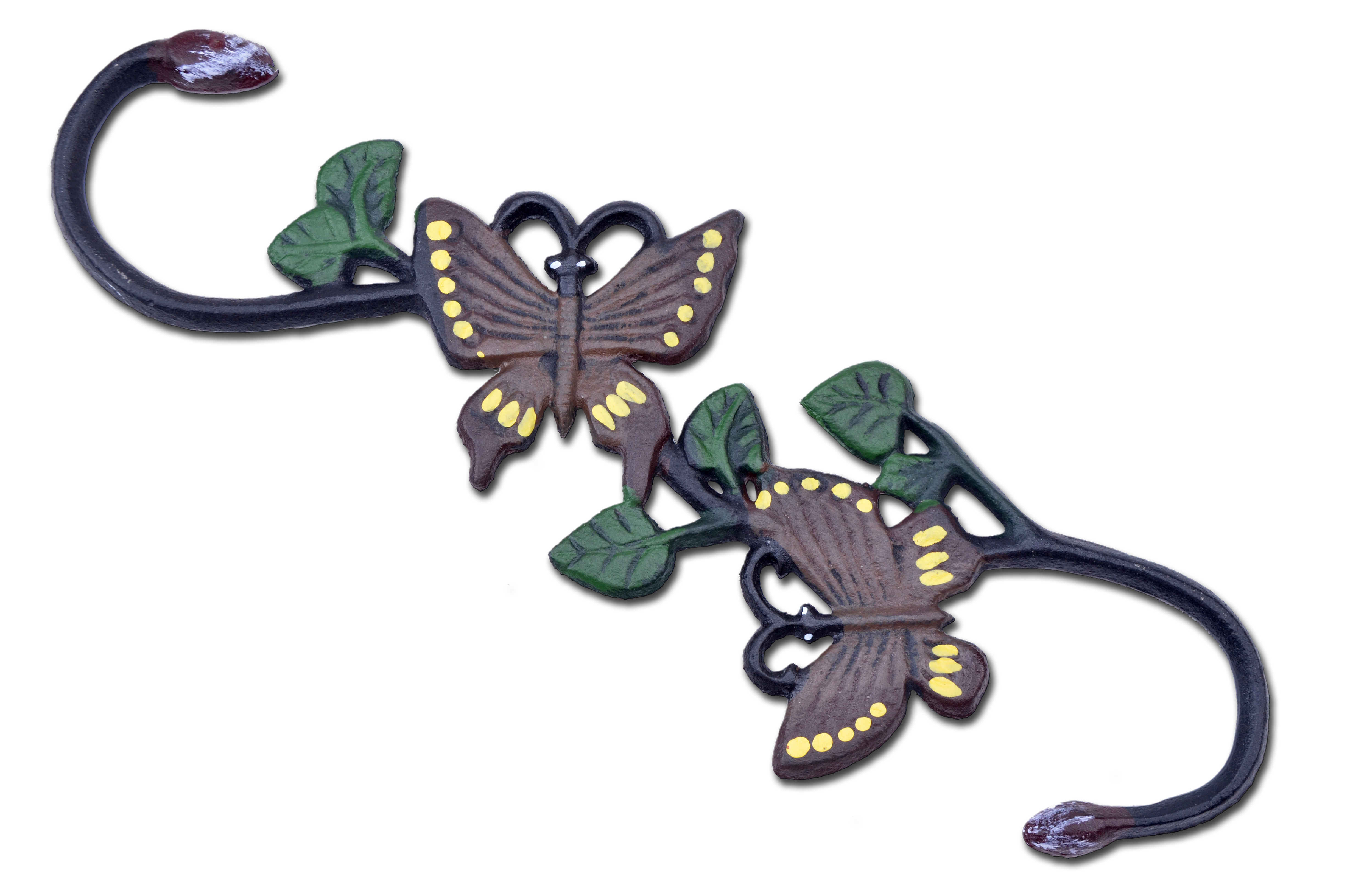 Cast Iron S Style Plant Hook - Brown & Yellow Butterflies - 11.75" Long
