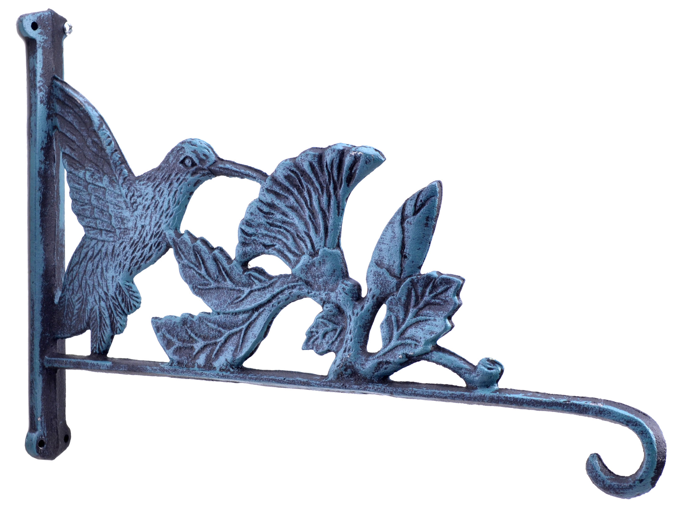 Hummingbird & Flowers Plant Hanger Hook - Verdigris Cast Iron - 12.5" Deep